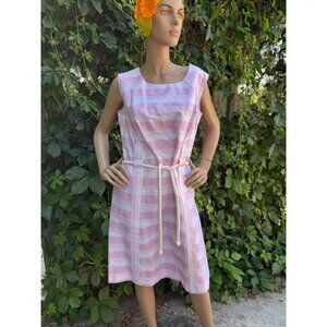 70s 80s Pink Stripe Cotton Sleeveless Shift Dress Rope Belt Scoop Neck Volup